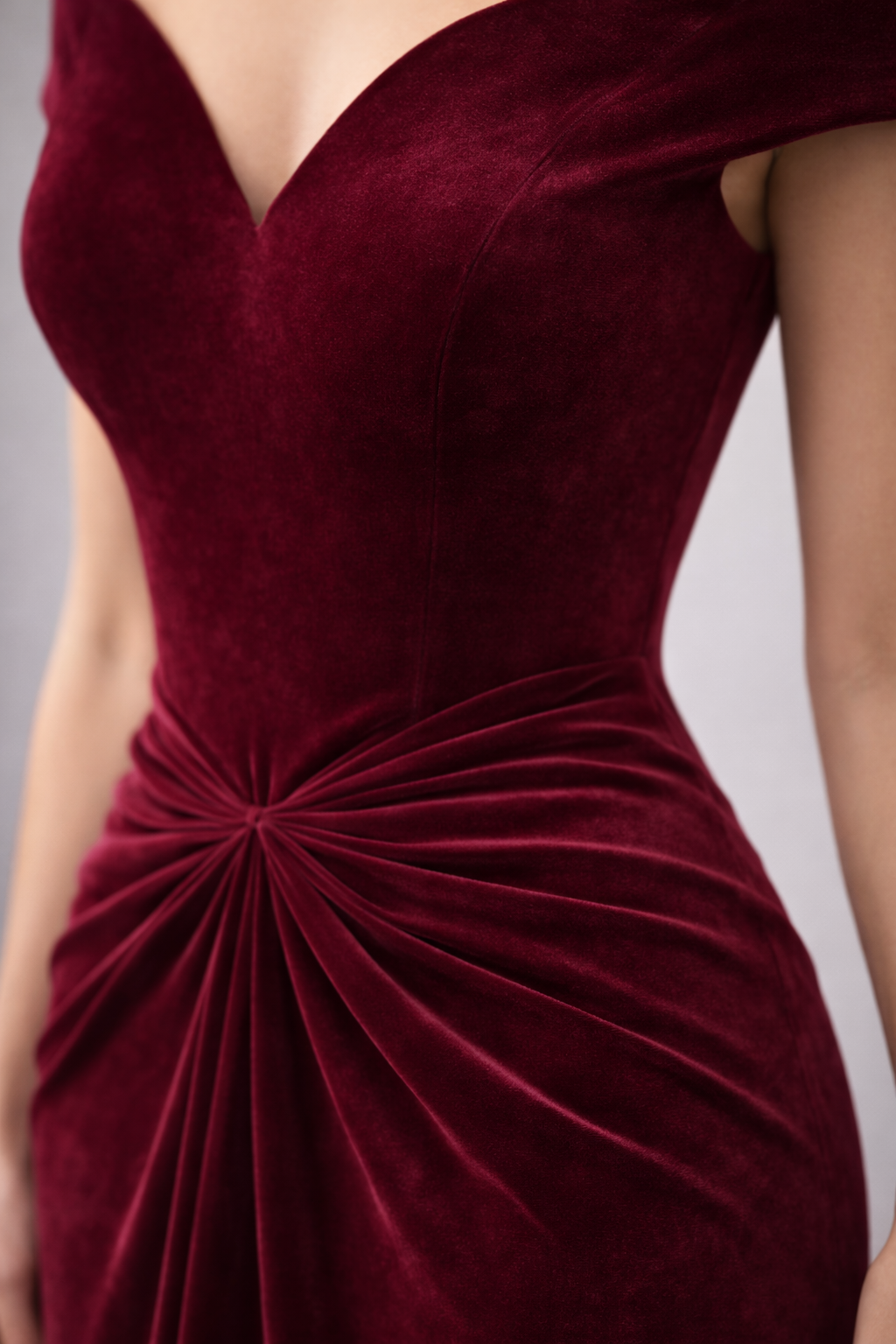 Burgundy Velvet Luxury Evening Gown for Women – Off-Shoulder Sculpted Fit Dress