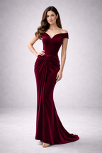 Burgundy Velvet Luxury Evening Gown for Women – Off-Shoulder Sculpted Fit Dress