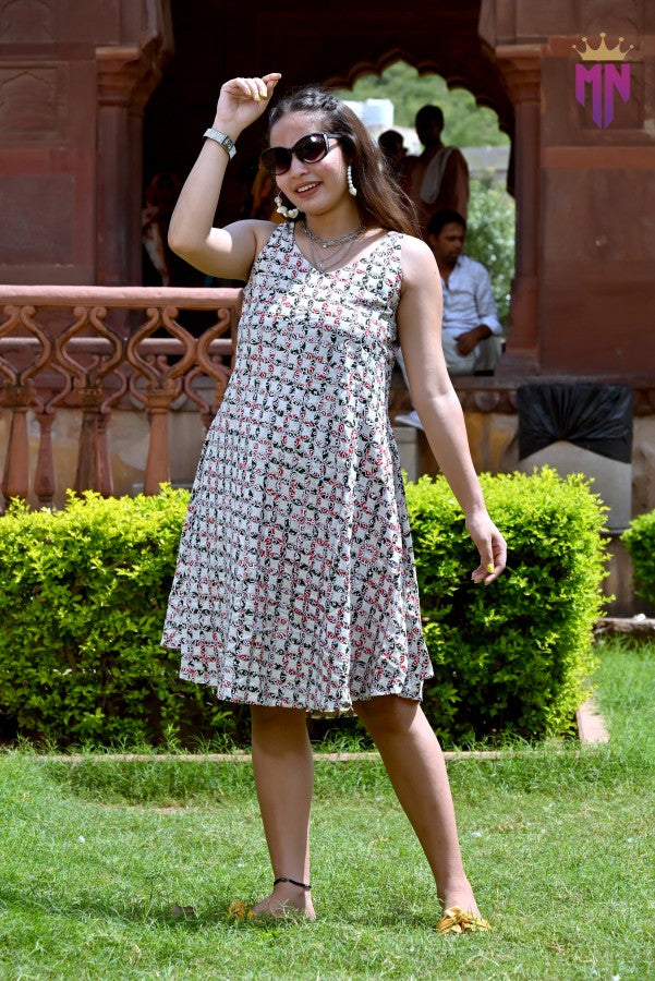 Women’s White Cotton Short Dress | Sleeveless Red & Black Floral Printed Dress