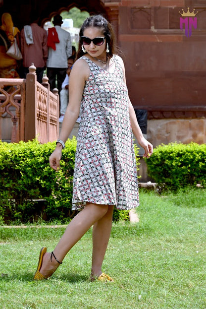 Women’s White Cotton Short Dress | Sleeveless Red & Black Floral Printed Dress