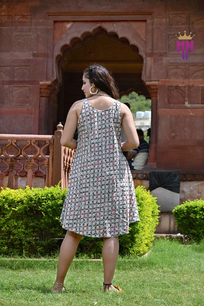 Women’s White Cotton Short Dress | Sleeveless Red & Black Floral Printed Dress
