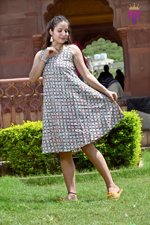 Women’s White Cotton Short Dress | Sleeveless Red & Black Floral Printed Dress