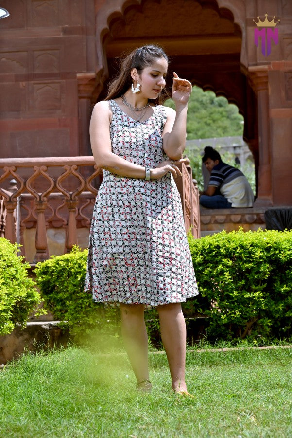Women’s White Cotton Short Dress | Sleeveless Red & Black Floral Printed Dress