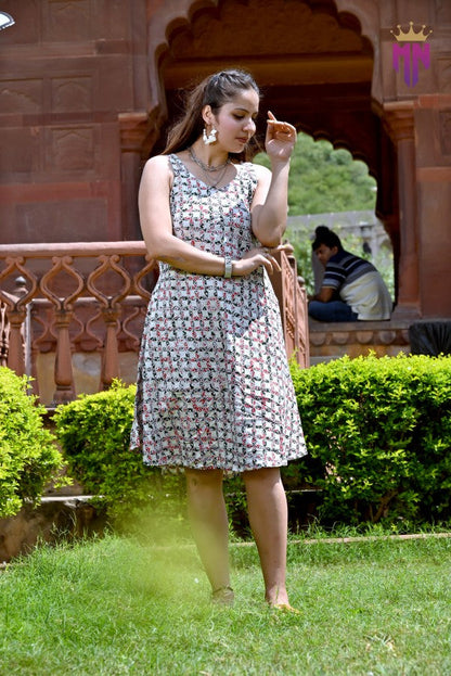 Women’s White Cotton Short Dress | Sleeveless Red & Black Floral Printed Dress