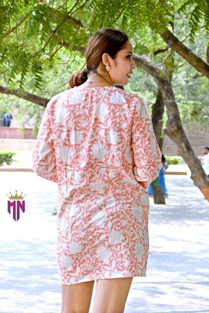 Women’s Peach & White Cotton Short Dress | V-Neck 3/4th Sleeve Printed Dress