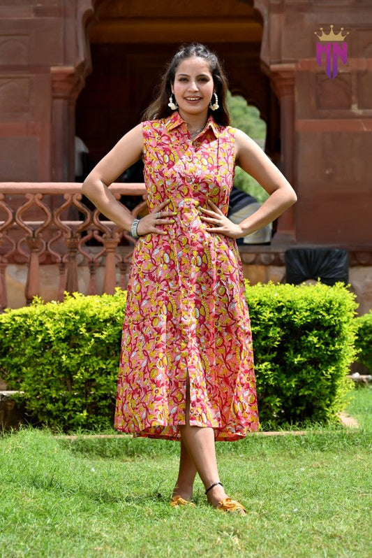 Women’s Pink Cotton Midi Dress | Sleeveless Floral Printed Collared Dress