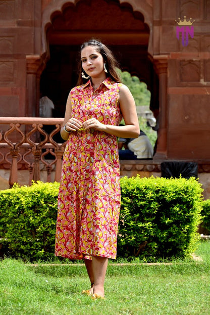Women’s Pink Cotton Midi Dress | Sleeveless Floral Printed Collared Dress