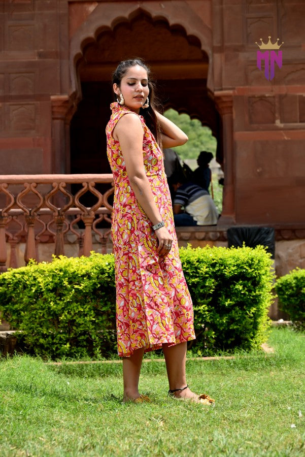 Women’s Pink Cotton Midi Dress | Sleeveless Floral Printed Collared Dress