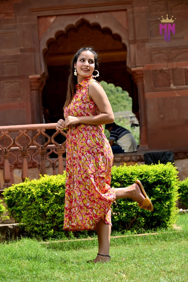 Women’s Pink Cotton Midi Dress | Sleeveless Floral Printed Collared Dress