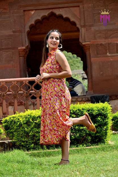 Women’s Pink Cotton Midi Dress | Sleeveless Floral Printed Collared Dress