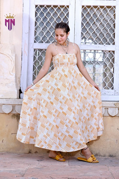 Women’s Yellow & White Geometric Cotton Maxi Dress | Spaghetti Strap Smocked Bust Long Dress