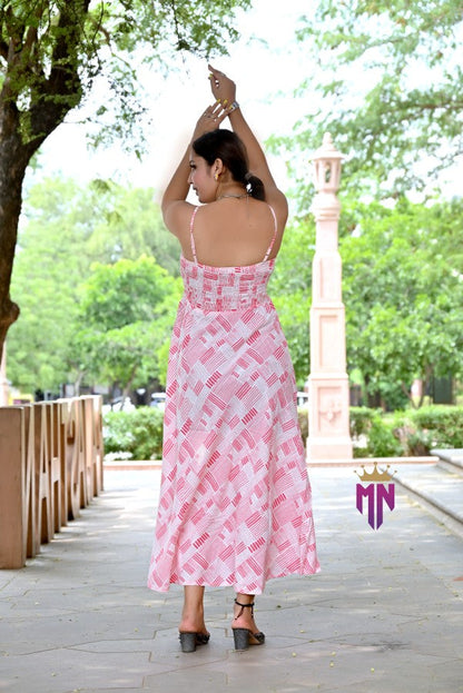 Women’s Pink & White Geometric Cotton Maxi Dress | Smocked Bust Spaghetti Strap Long Dress