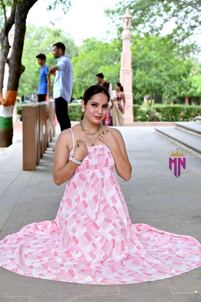 Women’s Pink & White Geometric Cotton Maxi Dress | Smocked Bust Spaghetti Strap Long Dress