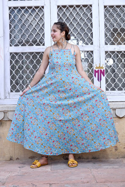 Women’s Blue Cotton Printed Maxi Dress | Ikat Print Flared Long Dress with Spaghetti Straps