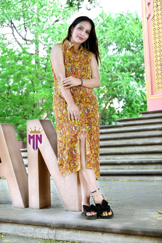 Women’s Cotton Printed Midi Dress | Sleeveless Yellow Floral Summer Dress with Front Slit