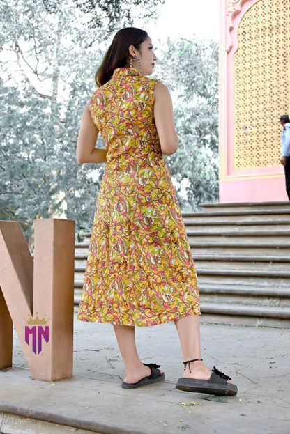 Women’s Cotton Printed Midi Dress | Sleeveless Yellow Floral Summer Dress with Front Slit