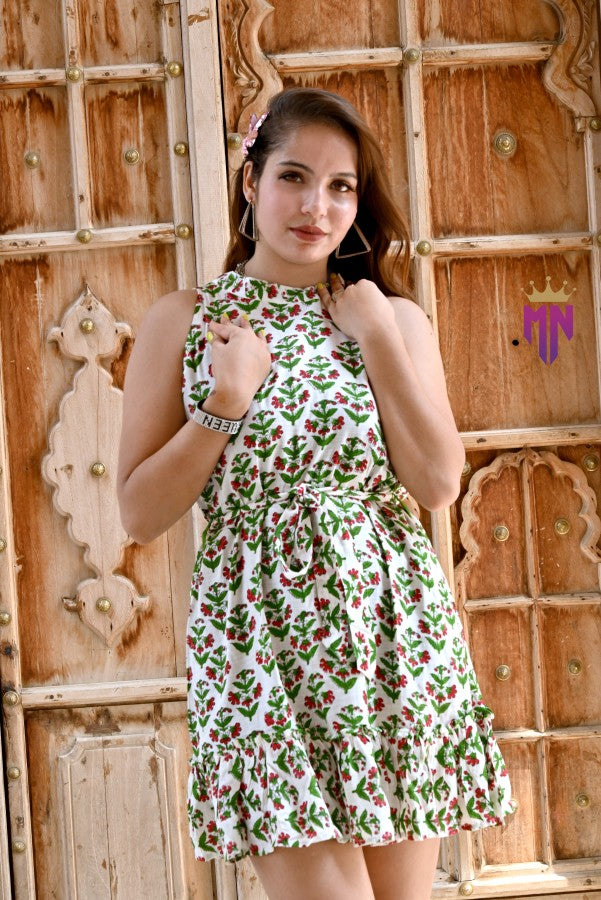 Women’s White Floral Printed Cotton Mini Dress | High Neck Tie-Up Waist & Frill Hem Summer Dress
