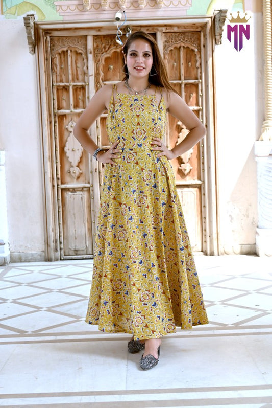 Women’s Yellow Printed Cotton Maxi Dress | Sleeveless Flared Long Dress for Festive & Casual Wear