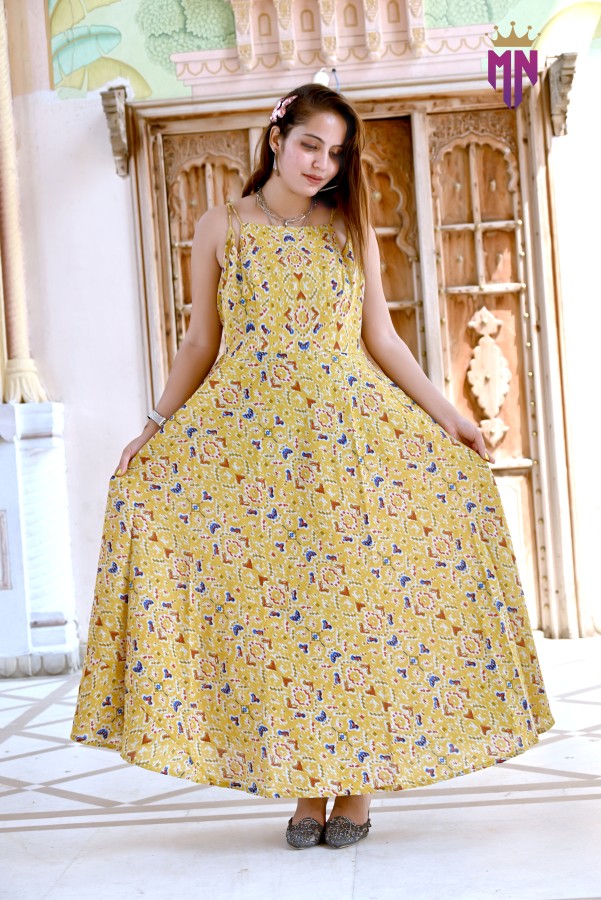 Women’s Yellow Printed Cotton Maxi Dress | Sleeveless Flared Long Dress for Festive & Casual Wear