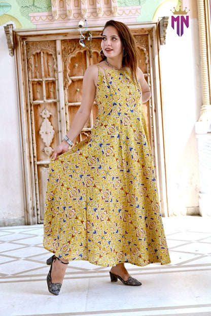 Women’s Yellow Printed Cotton Maxi Dress | Sleeveless Flared Long Dress for Festive & Casual Wear