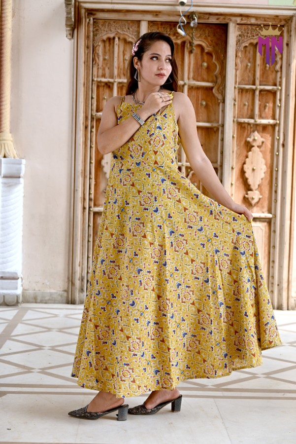 Women’s Yellow Printed Cotton Maxi Dress | Sleeveless Flared Long Dress for Festive & Casual Wear
