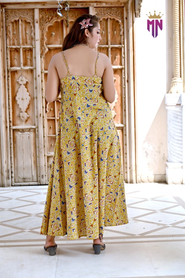 Women’s Yellow Printed Cotton Maxi Dress | Sleeveless Flared Long Dress for Festive & Casual Wear