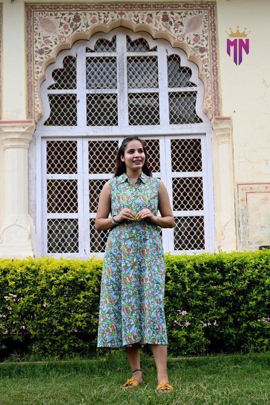 Women’s Green Multicolor Printed Cotton Sleeveless Shirt Collar Midi Dress | Casual Summer Cotton Dress