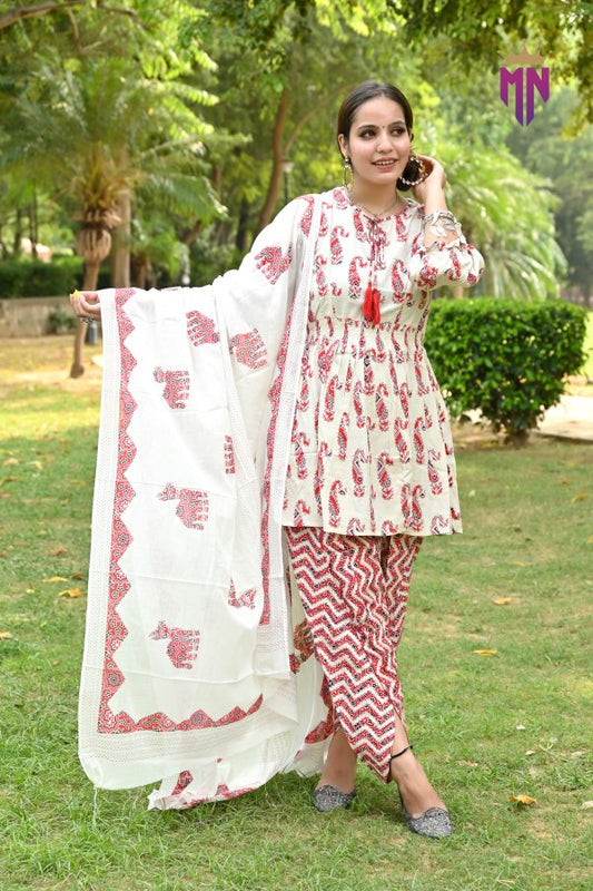 Cotton Dhoti Pant Kurta Set with Dupatta for Women | Printed Ethnic Wear Suit Set
