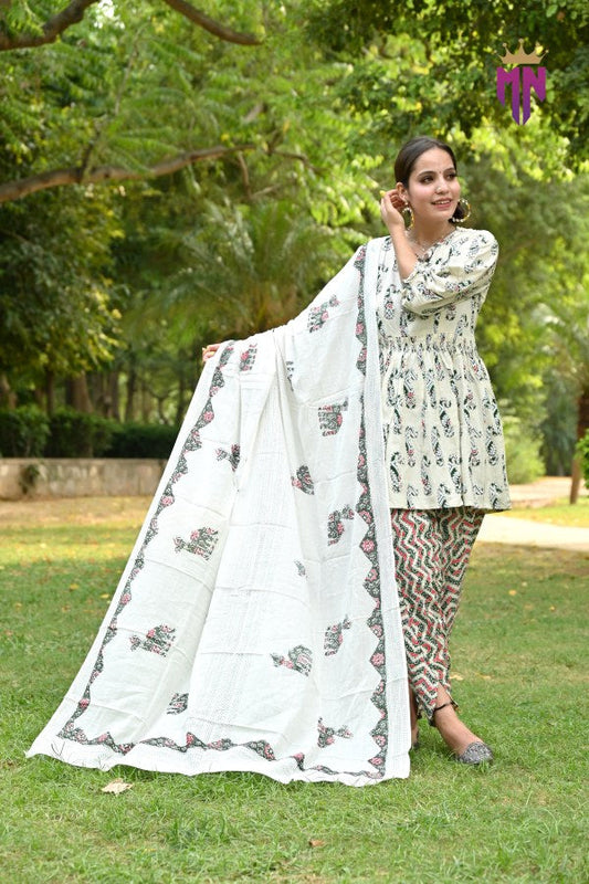 Cotton Dhoti Pant Kurta Set with Dupatta for Women | Printed Summer Ethnic Wear