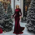 Wine Red Velvet Winter Evening Dress for Women – Long Sleeve Body-Fit Gown