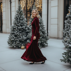 Wine Red Velvet Winter Evening Dress for Women – Long Sleeve Body-Fit Gown