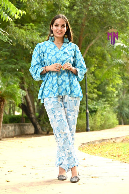 Women’s Cotton Printed Co-ord Set | Stylish Blue Top & Pant for Daily & Office Wear