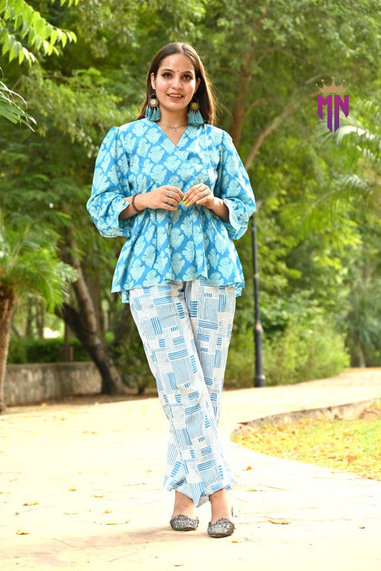 Women’s Cotton Printed Co-ord Set | Stylish Blue Top & Pant for Daily & Office Wear