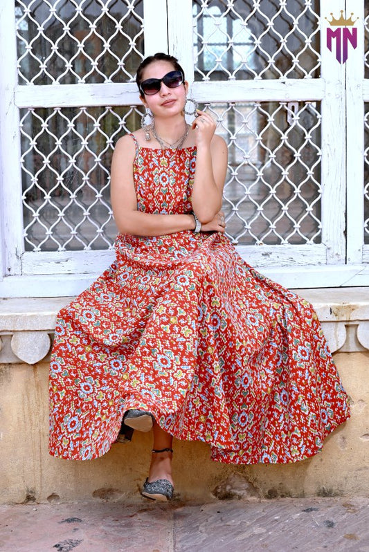 Women’s Sleeveless Cotton Maxi Dress | Boho Printed Red Long Dress for Summer & Casual Wear