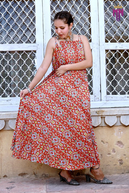 Women’s Sleeveless Cotton Maxi Dress | Boho Printed Red Long Dress for Summer & Casual Wear