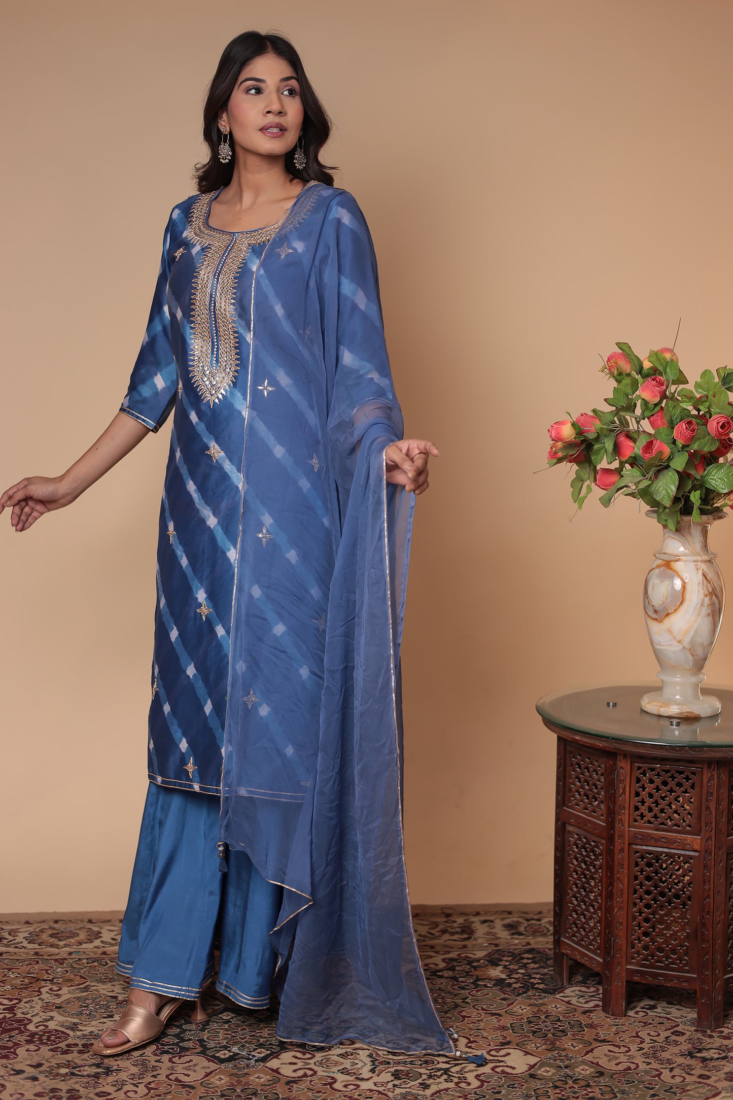 Blue Chanderi Silk Kurta Sharara Set: Indian Wedding Outfit
