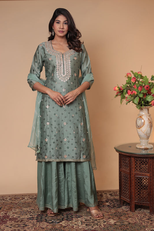 Green Kurta Sharara Set , Embroidered Indian Outfit Party Wear Suit