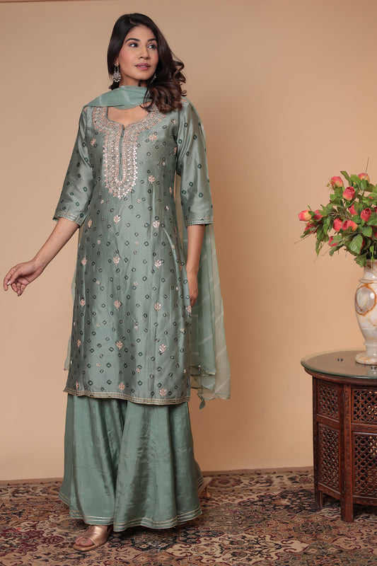 Chanderi Silk Sharara Set for Women Embroidered Kurta with Sharara Pants & Dupatta