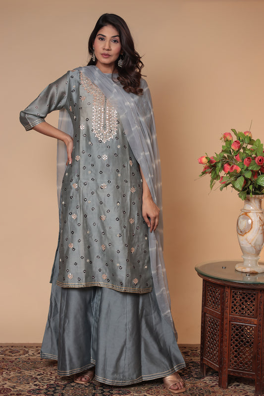 Grey Zardozi Sharara Suit, Indian Kurta Set, Wedding Guest Party Outfit