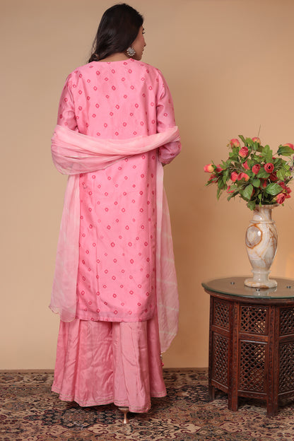Pink Wedding Sharara Suit, Bridesmaid Haldi Outfit, Festive Zardozi Kurta Set