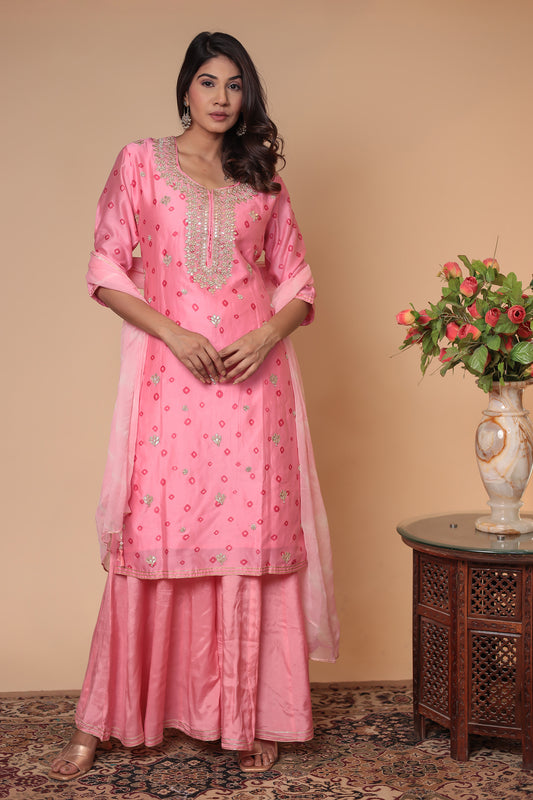 Pink Wedding Sharara Suit, Bridesmaid Haldi Outfit, Festive Zardozi Kurta Set