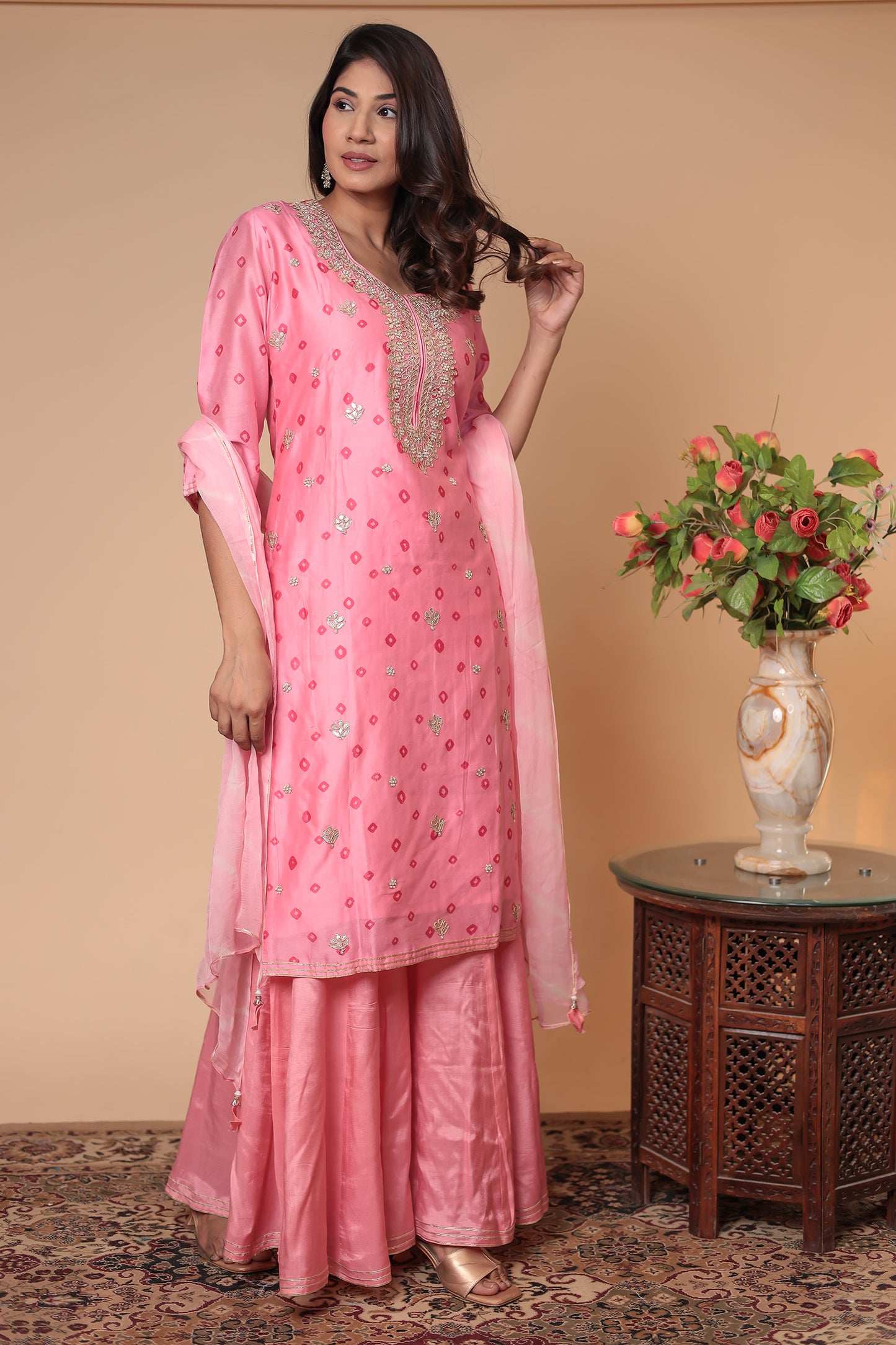Pink Wedding Sharara Suit, Bridesmaid Haldi Outfit, Festive Zardozi Kurta Set