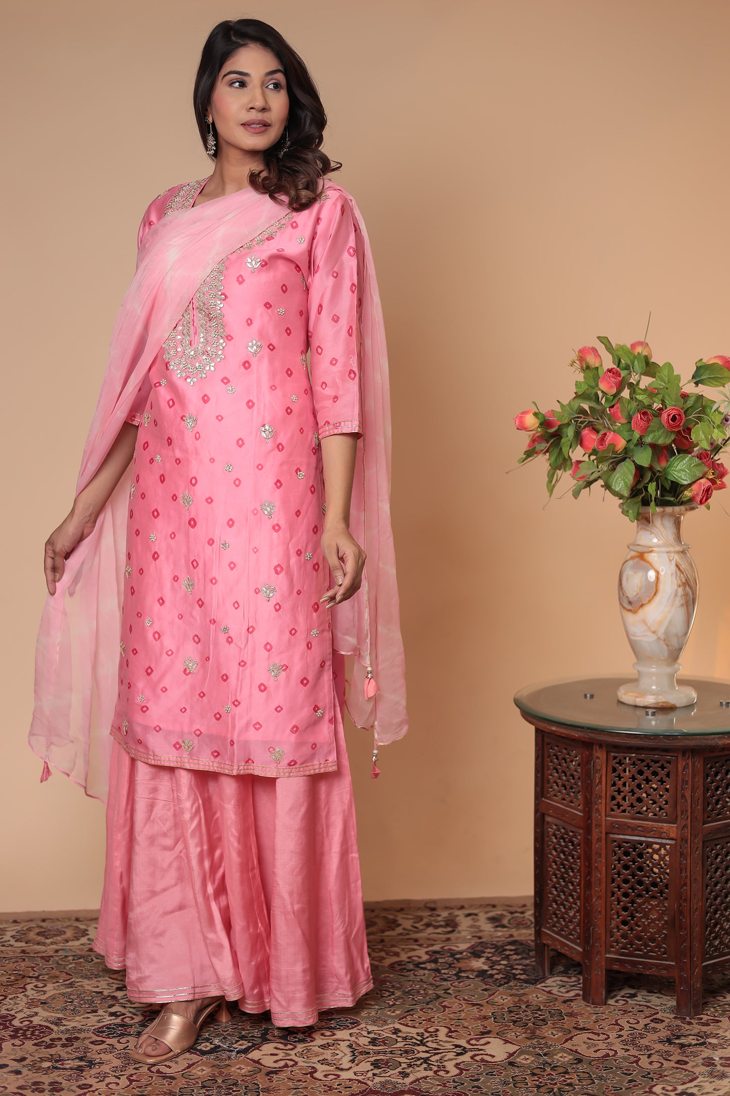 Pink Wedding Sharara Suit, Bridesmaid Haldi Outfit, Festive Zardozi Kurta Set