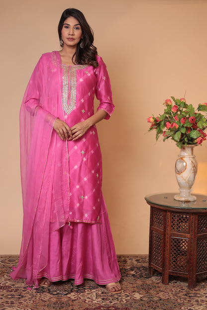 Pink Kurta Sharara Set, Wedding Guest Dress, Haldi Mehndi Outfit, Dupatta