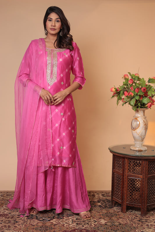 Pink Kurta Sharara Set, Wedding Guest Dress, Haldi Mehndi Outfit, Dupatta