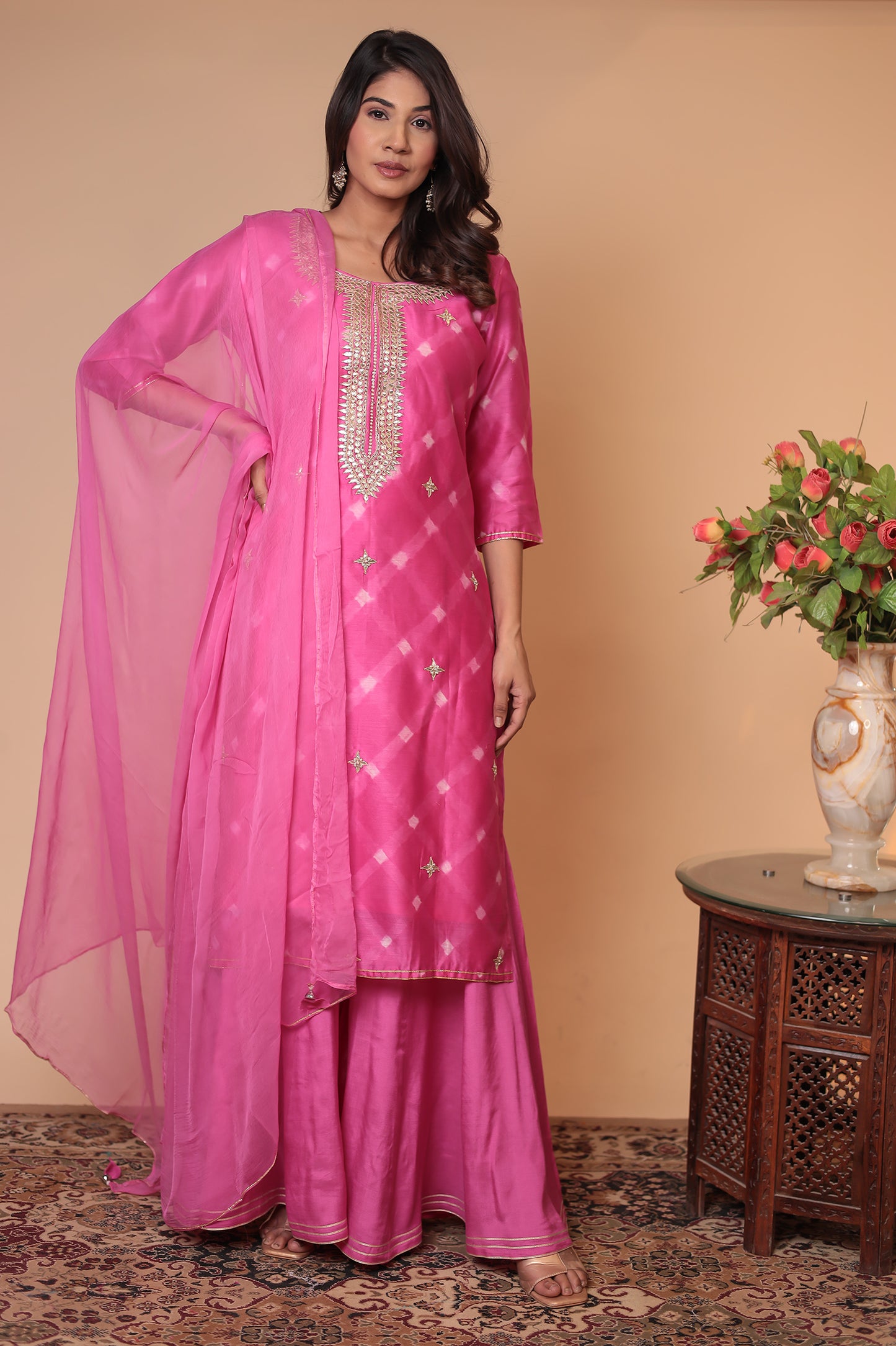 Pink Kurta Sharara Set, Wedding Guest Dress, Haldi Mehndi Outfit, Dupatta