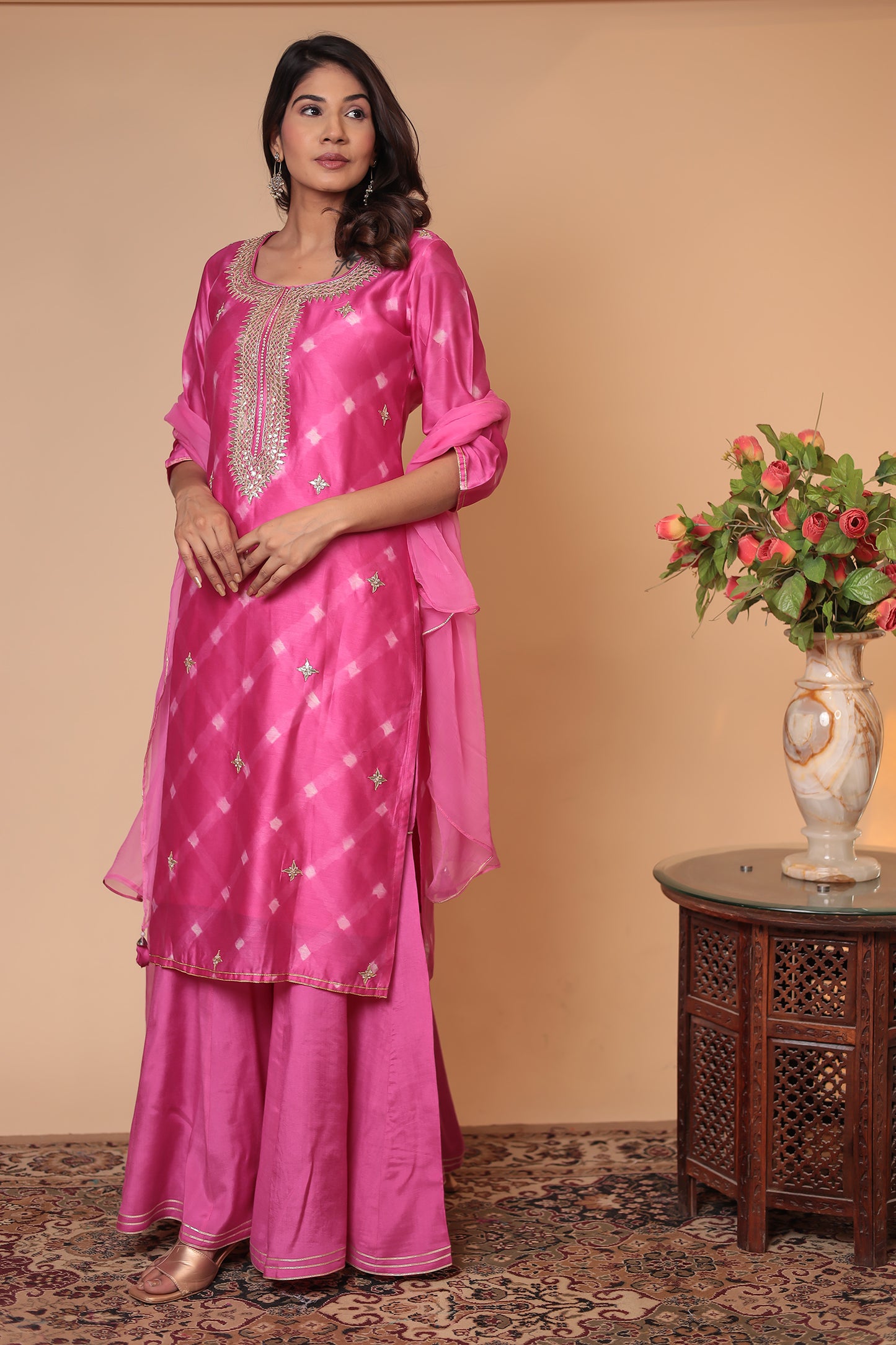 Pink Kurta Sharara Set, Wedding Guest Dress, Haldi Mehndi Outfit, Dupatta