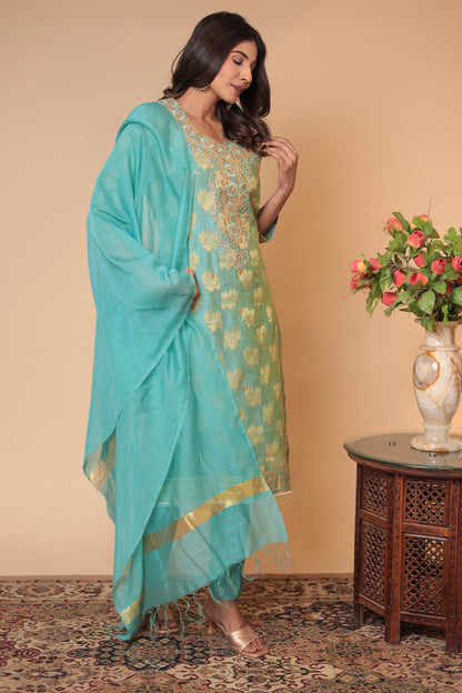 Sea Green Banarasi Kurta Set: Zari Embroidery, Indian Wedding Guest Outfit