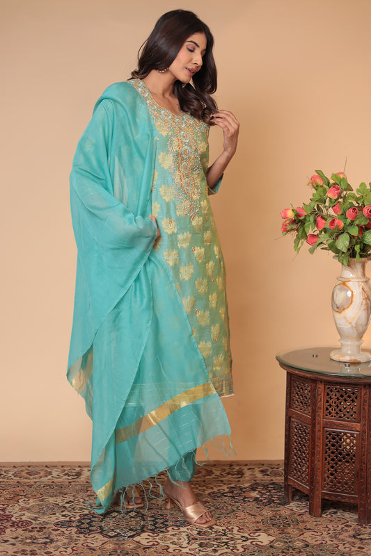 Sea Green Banarasi Kurta Set: Zari Embroidery, Indian Wedding Guest Outfit