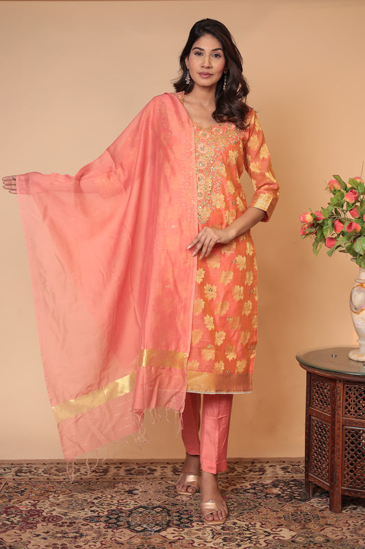 Peach Banarasi Silk Kurta Set: Indian Wedding Outfit with Zari Dupatta